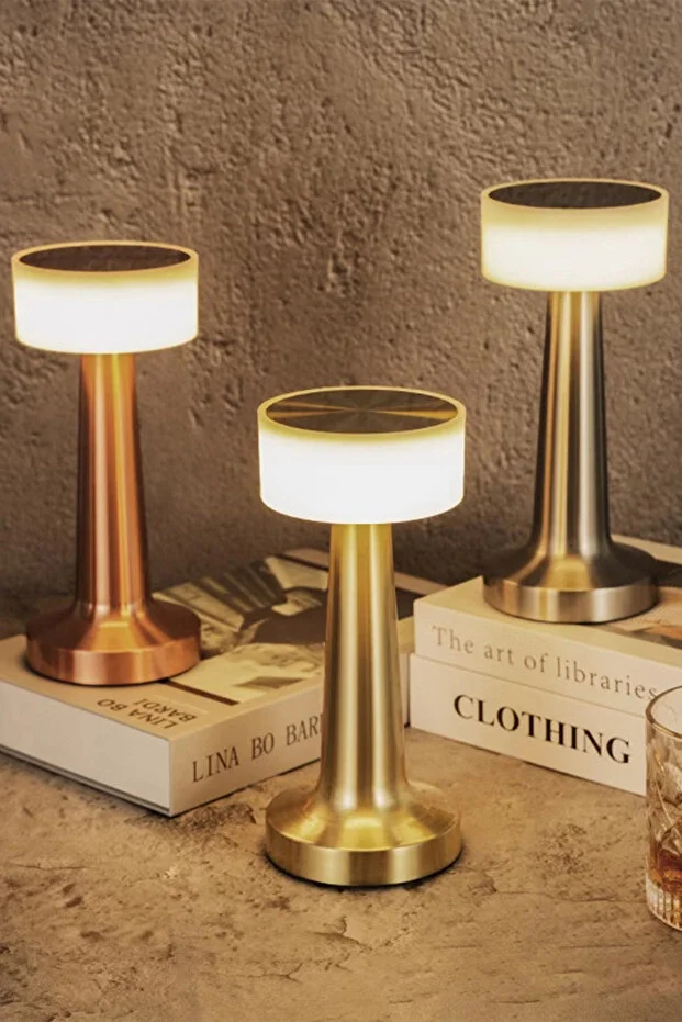 Gold Renk Şarjlı LED Masa Lambası Type-C Girişli Dokunmatik 3 Işık Modlu Gece Aydınlatması